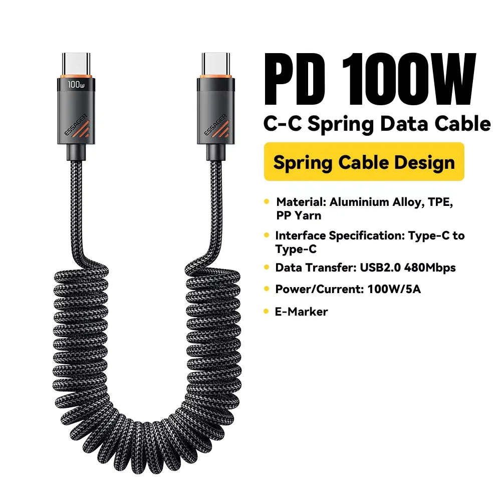 Essager 100W PD Fast Charging USB-C to USB-C Coiled Car Cable
