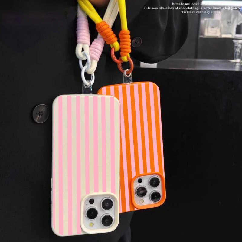 Striped Phone Case with Lanyard For iPhone