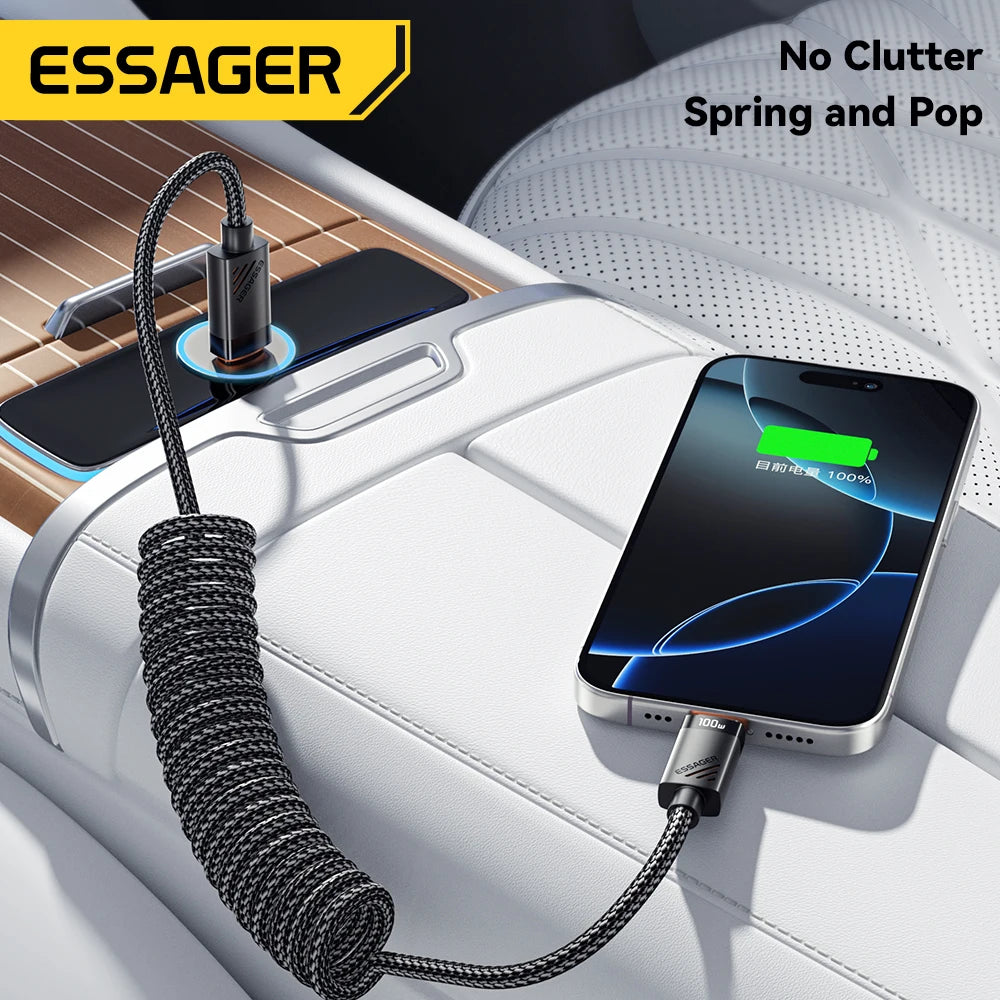 Essager 100W PD Fast Charging USB-C to USB-C Coiled Car Cable