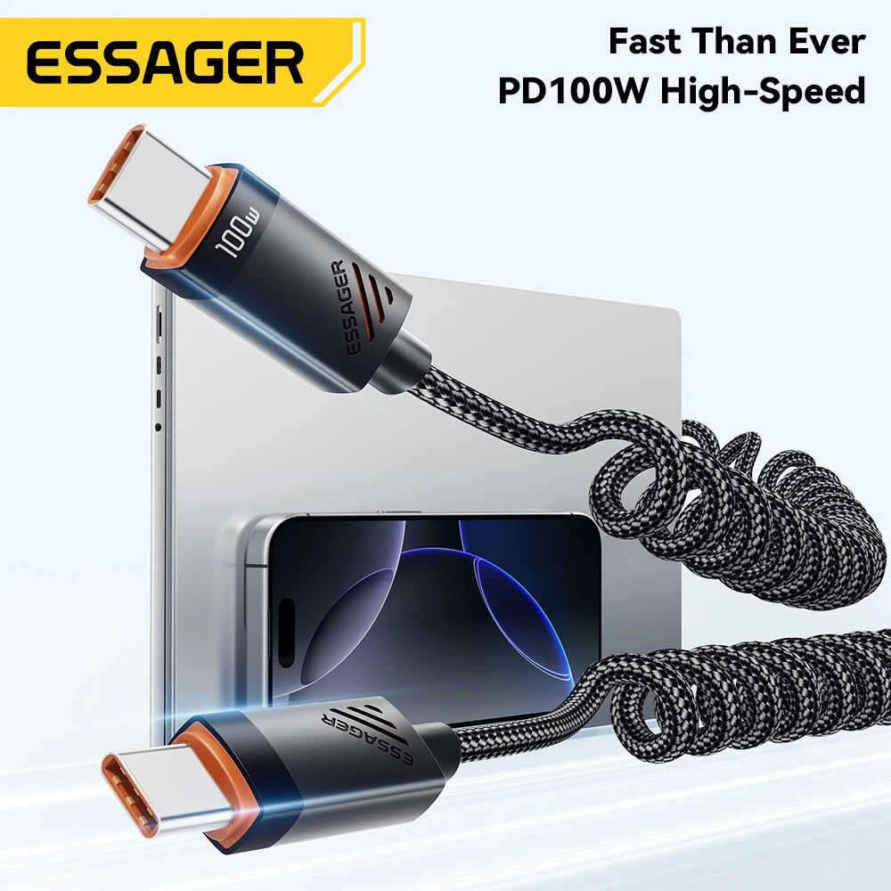 Essager 100W PD Fast Charging USB-C to USB-C Coiled Car Cable